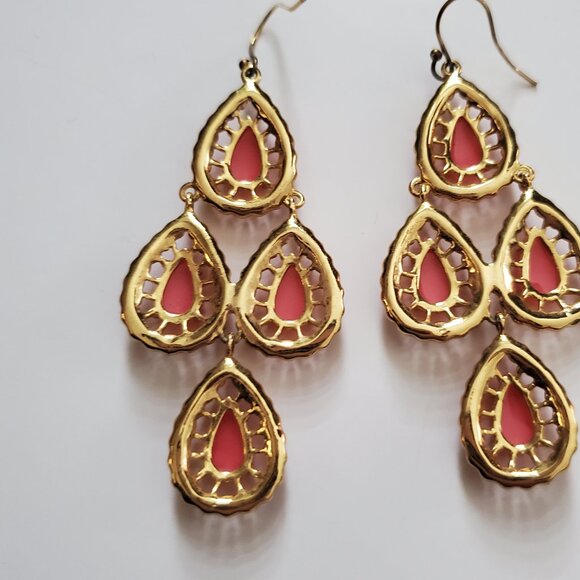 Resin Teardrop Chandelier Earrings Candy Pink & Gold Tone Rhinestones Dangly - Picture 2 of 6